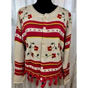 Vintage 1990s Liz Claiborne Knit Cardigan Floral Embroidery Geometric fringe L